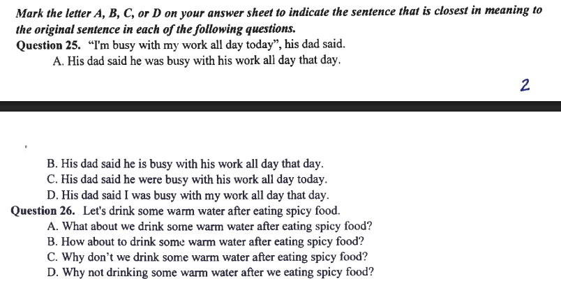 chọn câu sát câu gốc